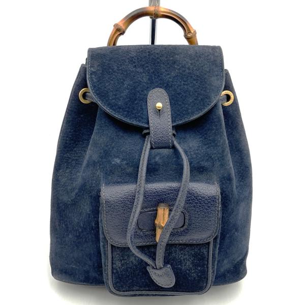 グッチ ミニリュック バックパック 巾着 バンブー ターンロック スエード 紺色 GUCCI（グッチ） オールドグッチ バンブー リュックサック スエード