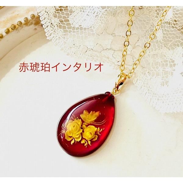 K18 還暦祝い 女性 母 琥珀 ペンダント ネックレス インタリオ レッド 