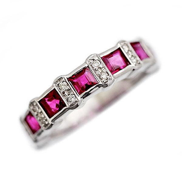 指輪 K18WG ルビー プリンセスカット 1.7ct ダイヤモンド 0.11ct