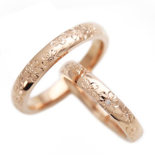 手彫り彫刻 マリッジリング 結婚指輪 桜 ピンクゴールド マリッジリング 277 K18ps オーダーメイドジュエリーメイ ペアリング ダイヤモンド0 03ct K18pg ペアリング ピンクゴールド