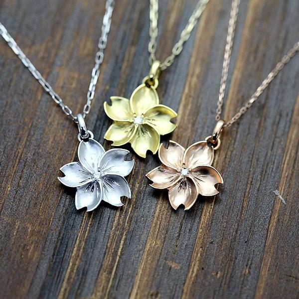 ネックレス レディース 桜 さくら K18 WG PG YG ダイヤ 0.02ct 彫刻 