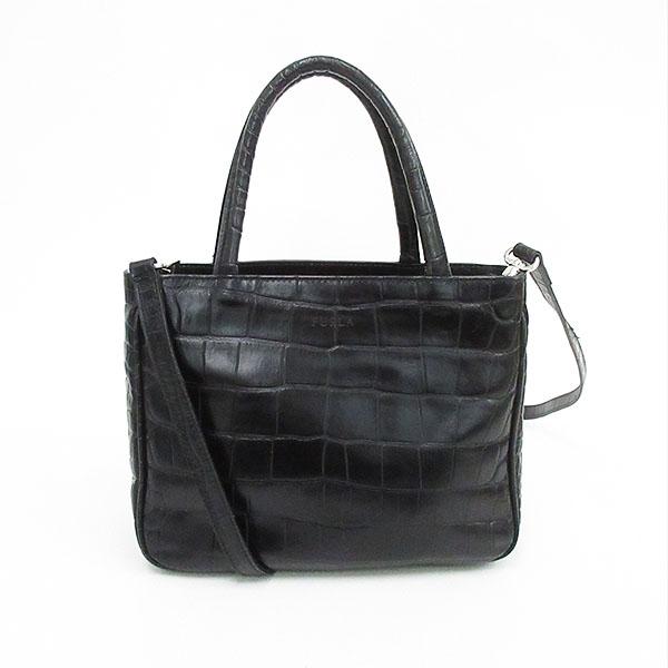 未使用品✨フルラ クロコ型押し2wayトートバッグ ロゴ金具 A4収納 ブラック 中古・古着通販】FURLA (フルラ) クロコ型押し2WAYトートバッグ