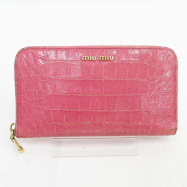 miumiu(ミュウミュウ) ラウンドファスナー長財布 ピンク クロコ型押し