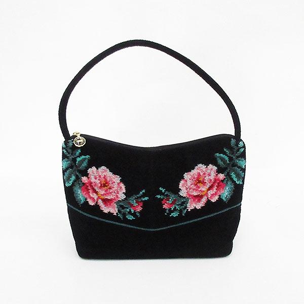 【極美品】FEILER(フェイラー) ハンドバッグ - 黒×花柄　ハンドバック FEILER(フェイラー) 花 フラワー ハンドバッグ 黒 ブラック シェニール