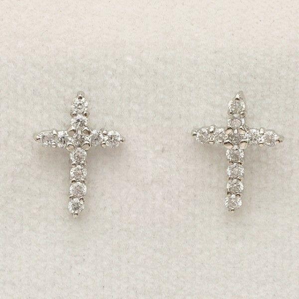 クロス 十字架 0.22ct ダイヤモンド ピアス K18WG 18金ホワイト  