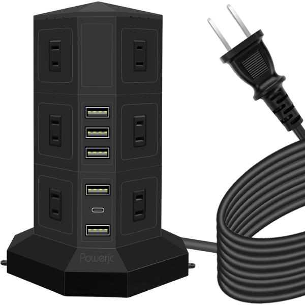 JIACHAN 電源コードタワー式電源タップ 6個USB 12個コンセント 約3ｍ 急速充電 掛ける可能 3段 ブラッグ (3層, 黒)