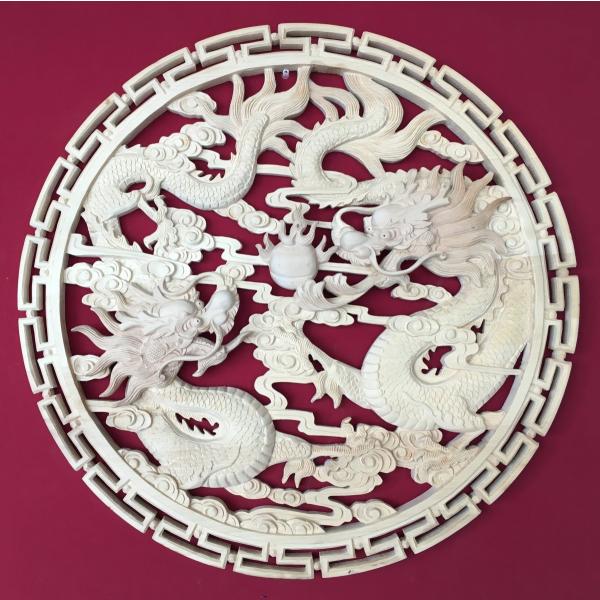 中国手彫り彫刻 双龍戯珠 無塗装 直径65cm : 実験工房 - 通販