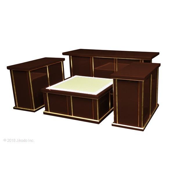 寺院仏具】潤み塗り 収納できる折り畳み登高座3.5尺 脇机2台 寺院仏具】潤み塗り 収納できる折り畳み登高座3.5尺 脇机2台