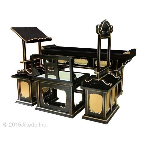 寺院仏具】黒塗り 前机付き椅子式登高座6点セット(脇机一重 寺院仏具】黒塗り 前机付き椅子式登高座6点セット(脇机一重