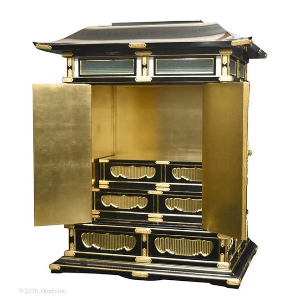 寺院仏具】黒塗り 豪華金具付き ひな壇付き 大型幅広春日厨子 高 寺院仏具】黒塗り 豪華金具付き ひな壇付き 大型幅広春日厨子 高