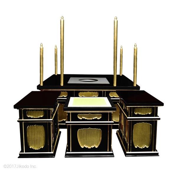 寺院仏具】黒塗り 3.5尺 二重椅子型護摩壇・大壇 脇机2台 国内 寺院仏具】黒塗り 3.5尺 二重椅子型護摩壇・大壇 脇机2台 国内