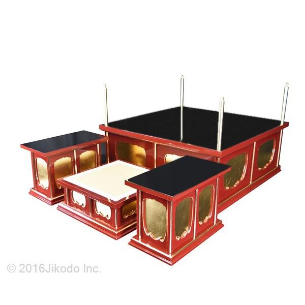 寺院仏具】朱塗り 3.5尺 一重大壇・護摩壇 脇机2台 密教法具 寺院仏具】朱塗り 3.5尺 一重大壇・護摩壇 脇机2台 密教法具