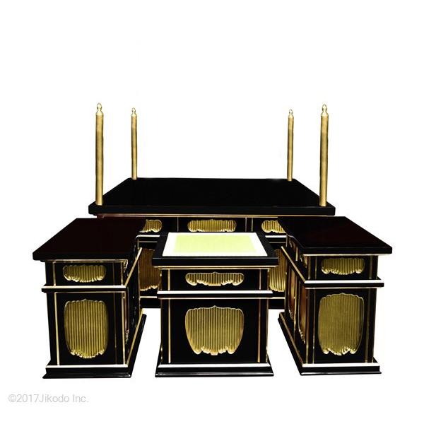 寺院仏具】黒塗り 3.5尺 二重椅子型大壇・護摩壇 脇机2台 密教法 寺院仏具】黒塗り 3.5尺 二重椅子型大壇・護摩壇 脇机2台 密教法