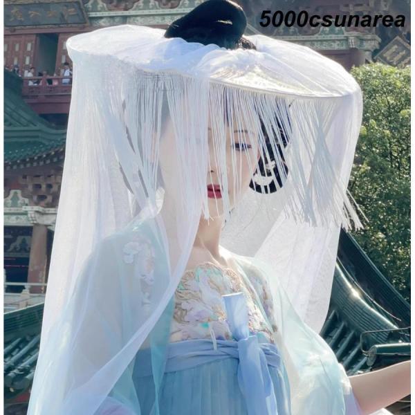 中華道具 帽子 頭傘 かぶり かさ 漢服 チャイナ服用 ヘッドアクセサリー 花柄 レース フリンジ付き ロングベール追加可 中華 ハロウィン