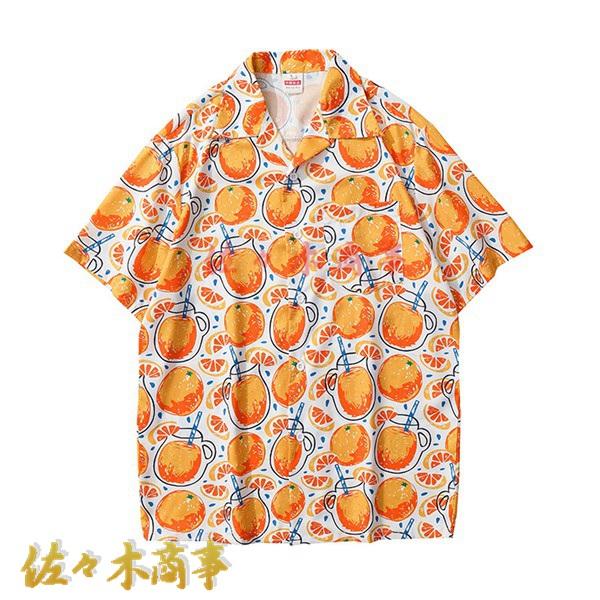 オレンジ 花柄 アロハシャツ Lサイズ アロハシャツ ミカン柄 和風 ハワイアンシャツ プリントシャツ