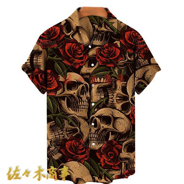 ハワイシャツ メンズ アロハシャツ ドクロ柄 髑髏 暗黒風 半袖 ハワイシャツ メンズ アロハシャツ ドクロ柄 髑髏 暗黒風 半袖