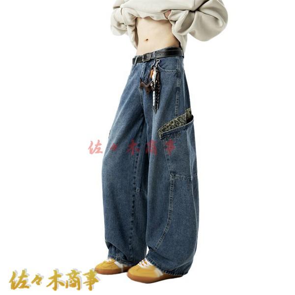 ジーンズ ワイドパンツ ロング メンズ デニムパンツ 豹柄 パッチワーク