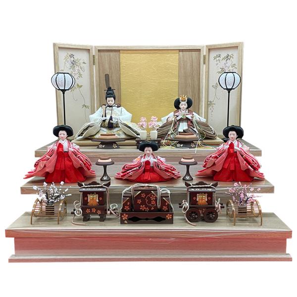 雛人形 コンパクト 白 ピンク ひな人形 三段飾り 金 天然木 ホワイト