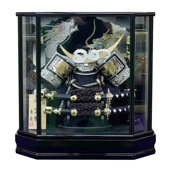 五月人形 ガラスケース付き 五月人形 コンパクト 12号 ケース飾り ガラスケース 六角 かぶと 金 銀