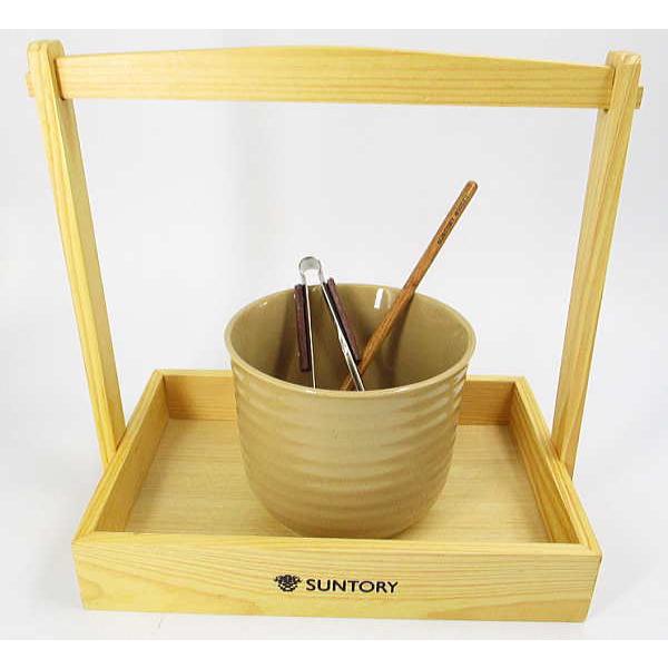 サントリー水割セット白木風　木製下げ盆・マドラー・トング　陶器の氷入れ　非売品サイズ：箱280ｍｍ×２６５ｍｍ×１８０ｍｍ