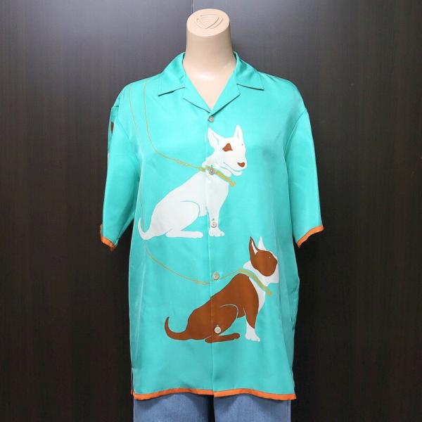 GUCCI グッチ ツインシャツ 半袖 犬デザイン シルク100% ターコイズ