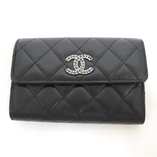 CHANEL シャネル 三つ折り財布 マトラッセ ブラック×シルバー金具