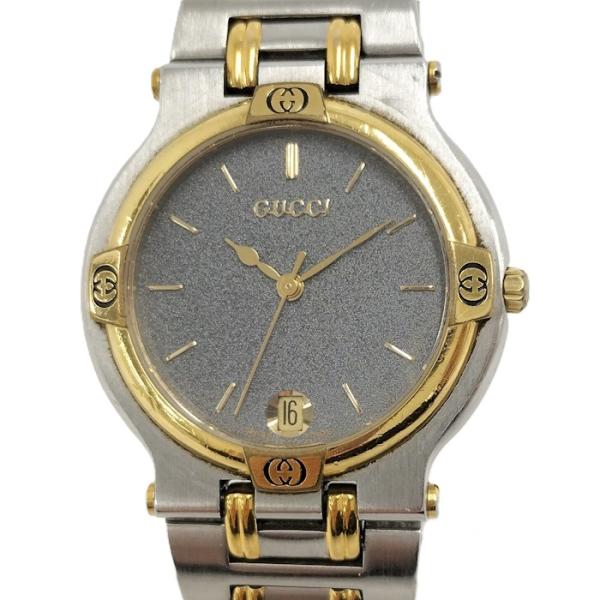 GUCCI メンズ 腕時計 クオーツ デイト コンビ SS GP グレー文字