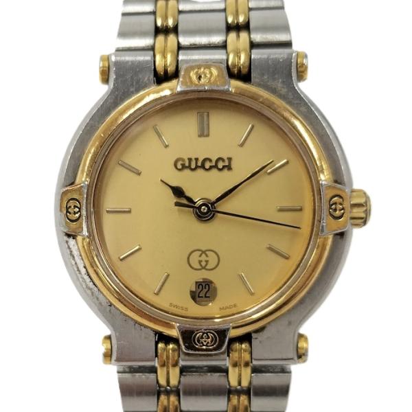 稼働】 グッチ 腕時計 9000G QZ コンビ ゴールドベゼル 黒文字盤