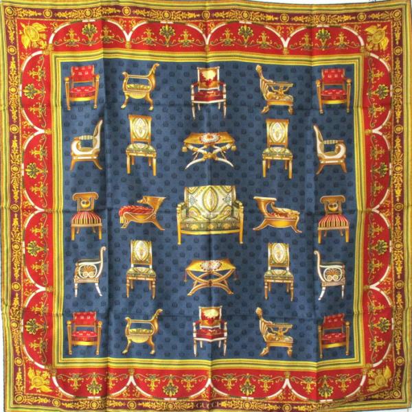 GUCCI 【中古】GUCCI 大判 スカーフ 椅子柄 イス ネイビー系