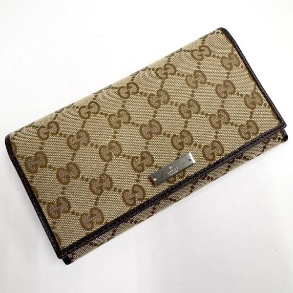 GUCCI 二つ折り長財布 長財布 GGキャンバス×レザー ベージュ×ブラウン