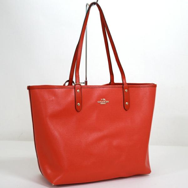 COACH コーチ トートバッグ リバーシブル レザー×ゴールド金具 レッド