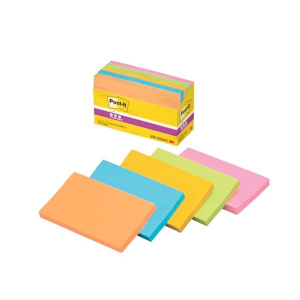 3M ポストイット 付箋 強粘着 大きい ネオンカラー 75×127mm 90枚×5パッド 655-5SSAN