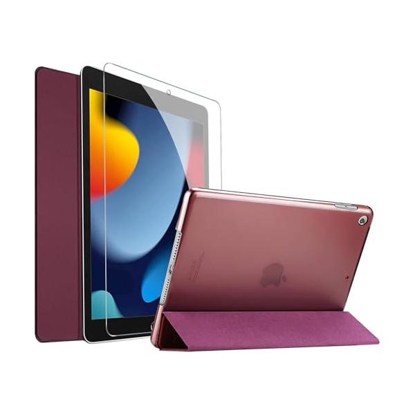 ProCase iPad 10.2 9/8/7 フォリオケース [強化ガラス付き]、三つ折りスタンド 保護ケース 半透明 つや消し スマートカバ
