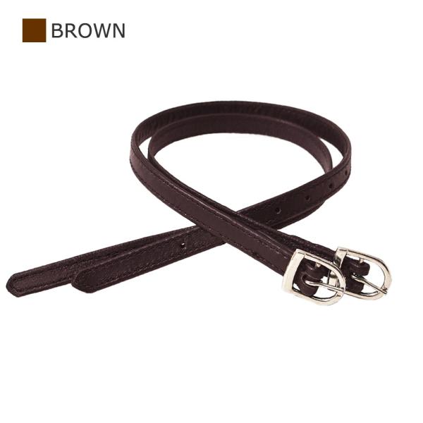 柔らかな革で作られた、シンプルな拍車ベルトです（左右セット）。1.5cm間隔で9つの通し穴が開いています。カラー：ブラウン（茶色）大きさ：長さ47cm×幅1.1cm（ベルト穴の範囲は30〜42cm）◆◆商品の発送について◆◆こちらの商品は、...