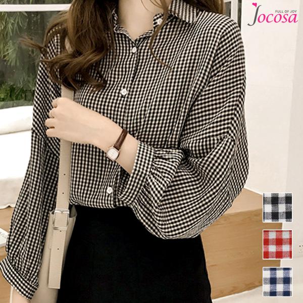 シャツ チェック ドロップショルダー ブラウス 七分袖 八分袖 韓国