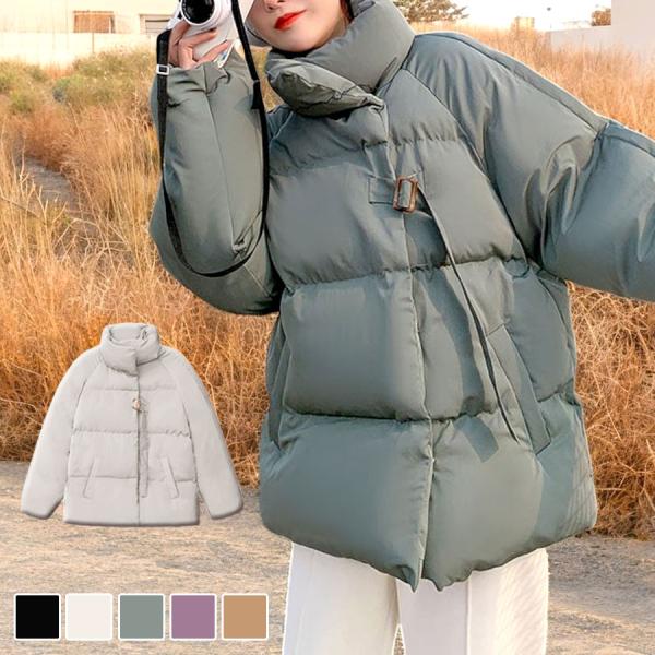 ダウン ジャケット アウター 長袖 ポケット ベルト ミディアム丈 無地