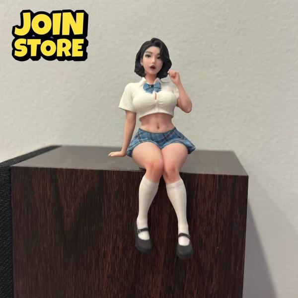 1/64 リアル肌感 チェックスカートの美少女 座り姿 塗装済み完成品 樹脂製フィギュア 卓上ミニチュア