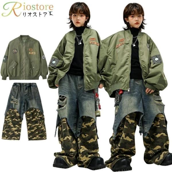 迷彩 キッズ ダンス衣装 HIPHOP ガールズ 男の子 ブルゾン長袖  MA-1 かっこいい 緑 カーゴパンツ ダメージ 迷彩柄 ダンス衣装 キッズ セットアップ 子供服 スト