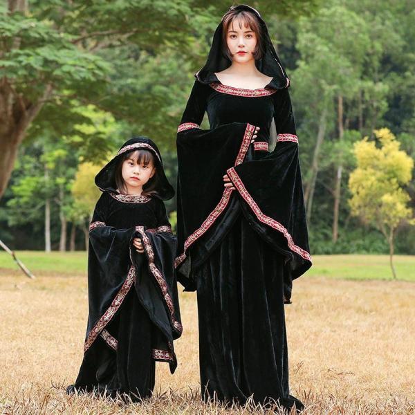 宮廷風 レトロ 黒ワンピース フード付き ロング丈ドレス 長袖 フレア袖 魔女風 中世風 吸血鬼風 親子 レディース 女性 女の子 キッズ ハロウィン衣装 鬼姫  子供