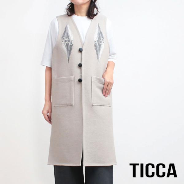 IENA 【TICCA/ティッカ】スタンドネックロングベスト　ブラック新品未使用 TICCA（ティッカ） ロングジレ ネイティブ柄 ベスト TBDS-092 爆買