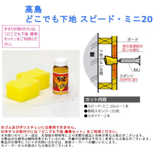 【高島 どこでも下地 スピード・ミニ20】■石こうボードにねじが効く！■壁を強化し、ねじの効きは抜群。■最大引き抜き荷重試験60kgf、せん断試験35kgf。■振動が継続して加わっても強度に殆ど変化なし。■ねじの太さを選びません。※スポイド...