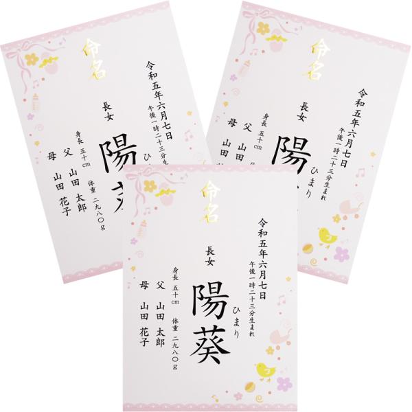 ■商品名：命名書 命名紙 女の子用 ピンク A4 ラミネート ×3点セット・書体は「楷書体」「行書体」の2種類よりお選びいただけます。・ご注文後に当店よりメールをお送りしますので、返信にてお子様のお名前、生年月日、体重・身長等をお知らせくだ...