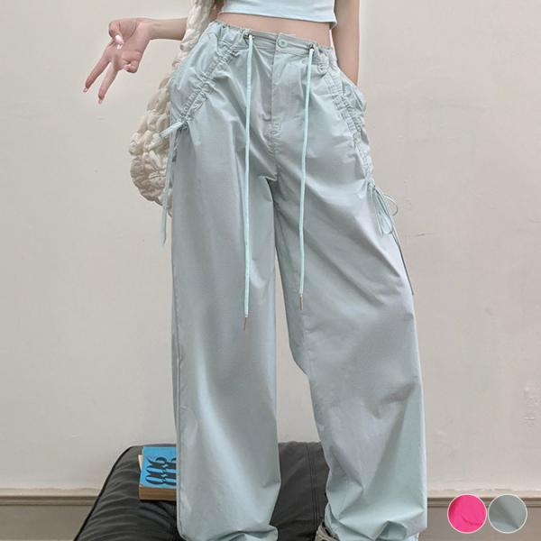 カーゴパンツ レディース ワイド パンツ ストレート 韓国 ゆったり カーゴ リボン ギャザー ポケット おしゃれ ダンス ワイドパンツ カジュアル