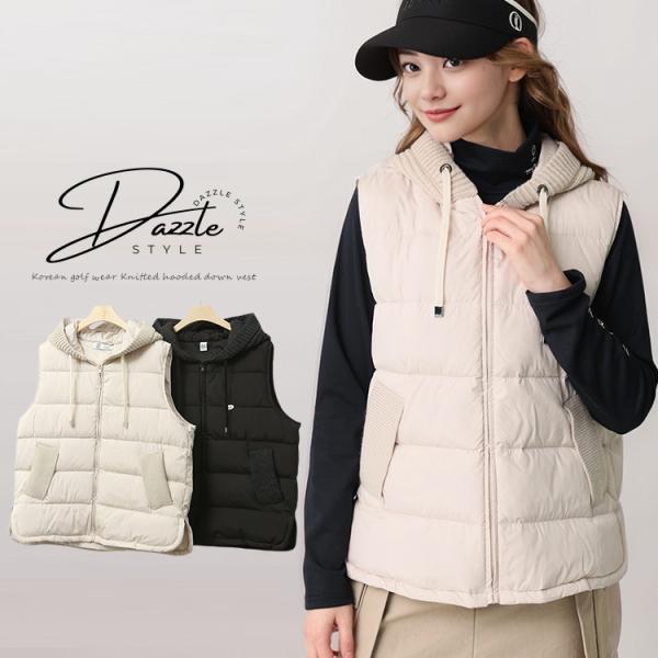 ゴルフウェア レディース ブラックダウンベスト フード付き joyfeel_ko-gb-8348