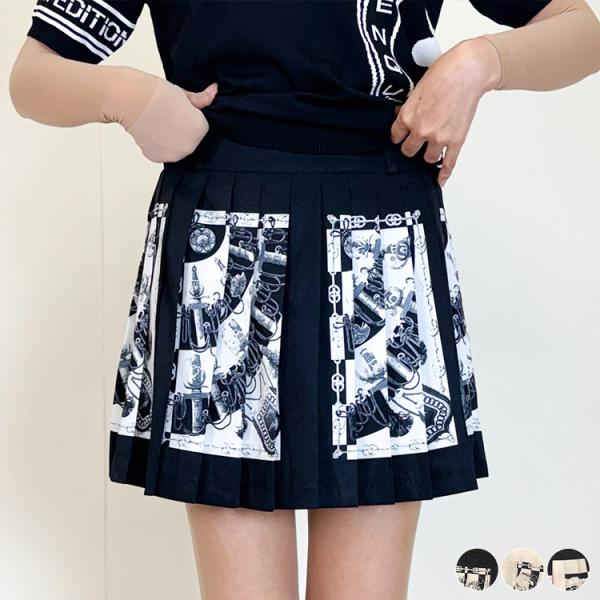 ゴルフ スカート レディース 韓国 モノトーン 柄 ウェア 夏 春 秋 涼しい 白 黒 スカーフ エレガント インナーパンツ おしゃれ ゴルフウェア