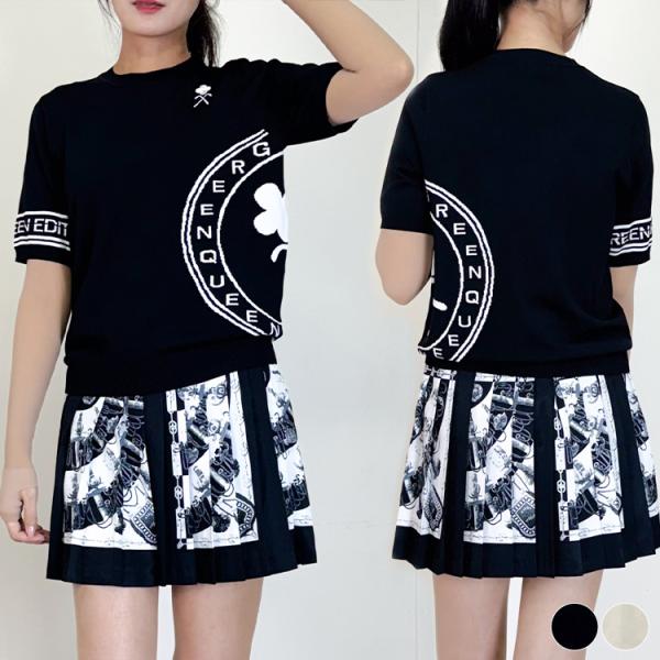 ゴルフ Ｔシャツ レディース 韓国 半袖 モノトーン 柄 ウェア 夏 春 秋 涼しい 白 黒 サマーニット アシンメトリー エレガント おしゃれ