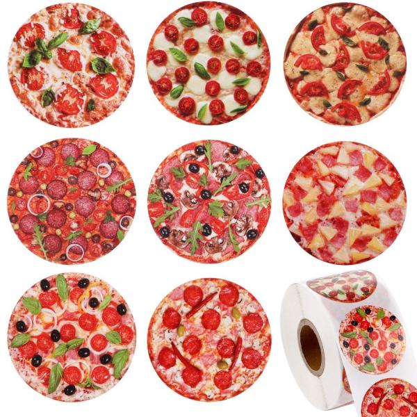Blulu 600枚 ピザステッカーロール 様々なラウンドフォトピザデザイン 装飾シールステッカー ピザテーマ パーティー 誕生日 ハロウィン パーテ