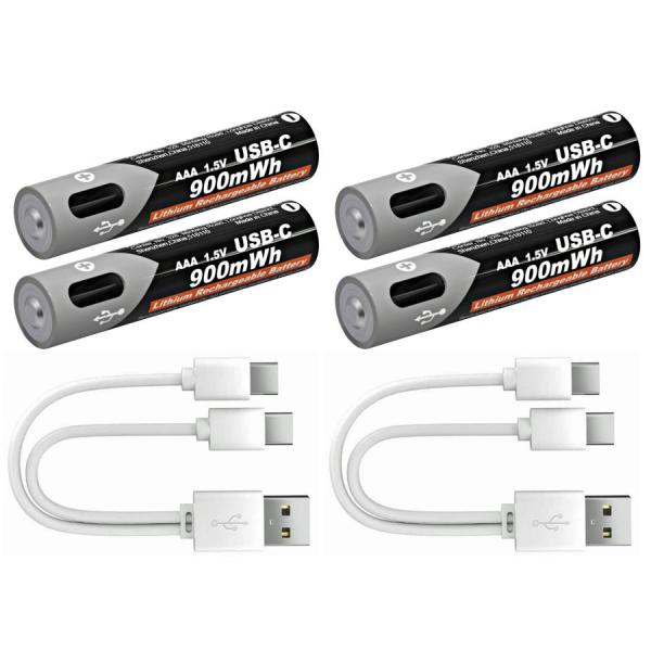 4個セット 単4形 充電池 1200回繰り返し充電可能(USB Cタイプ急速充電ケーブル付き) 1.5V 900mWh リチウム充電池 液漏れ防止 LEDライト用等