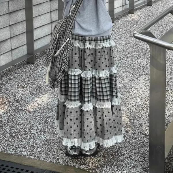 美品 ルルウィルビー ドット柄 ティアード ロングスカート モノトーン 白黒 ティアード ロング スカート ドット柄 チェック柄 レース グレー 韓国