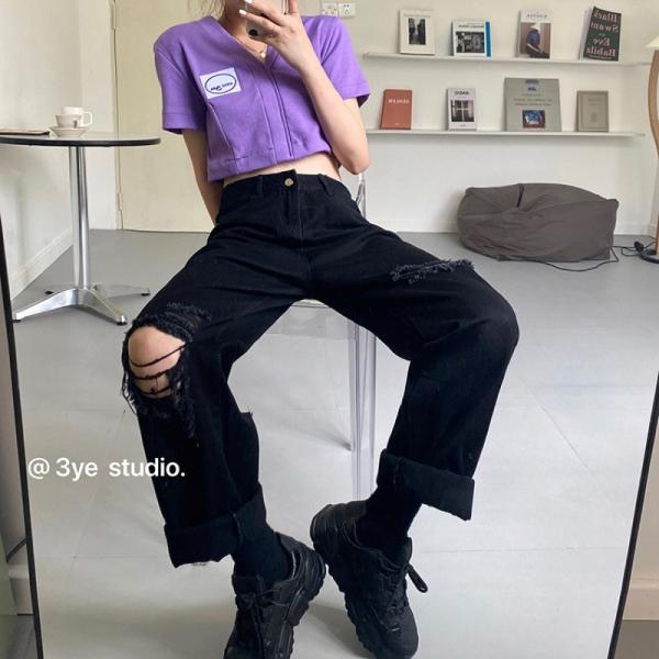 ジーンズ 韓国 オルチャン ストリート デニム パンツ ダンス 衣装 K Pop 原宿系 黒 ダメージ ワイド ストレート クラッシュ ボトムス J 1417 J 1417 Joyboxストリートショップ 通販 Yahoo ショッピング